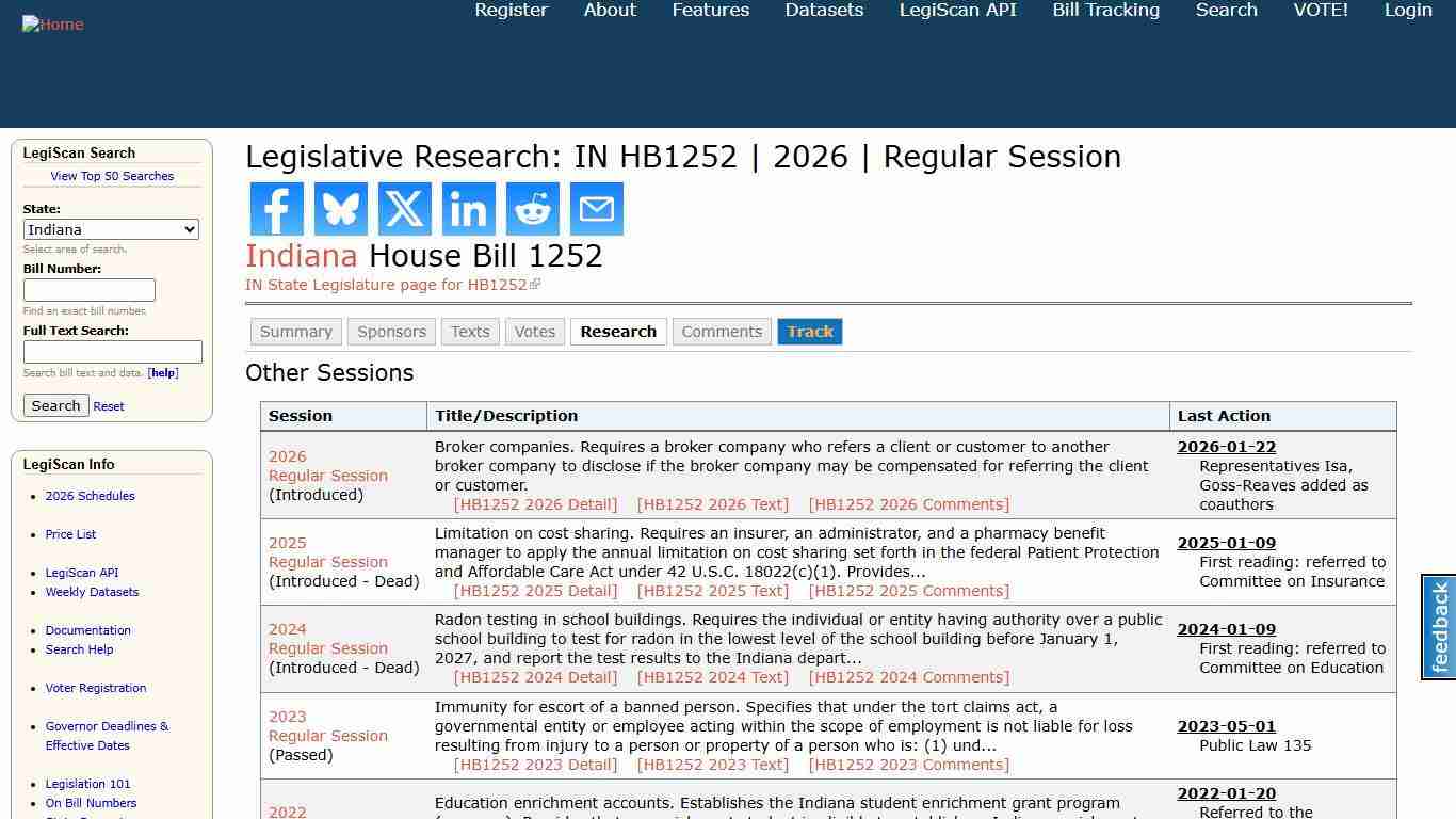 Legislative Research: IN HB1252 2026 Regular Session LegiScan
