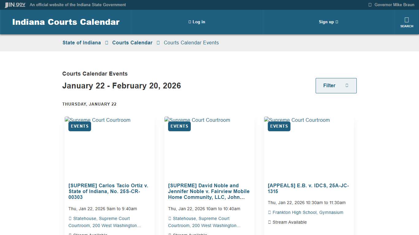 Courts Calendar Events on January 22 - February 20, 2026 - State of Indiana